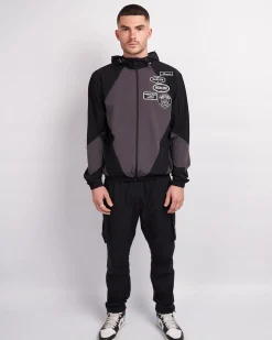 Black Grey Mono Badge Panelled Cargos