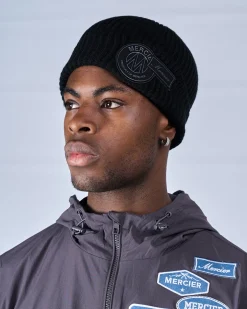 Black Tonal Badge Ribbed Beanie