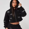 Womens Black Diamante Badge Zip Hood