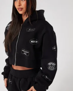 Womens Black Diamante Badge Zip Hood