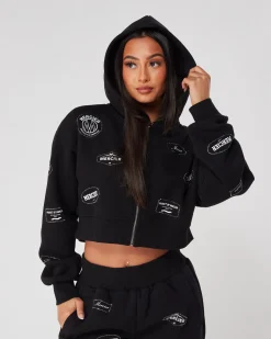 Womens Black Diamante Badge Zip Hood