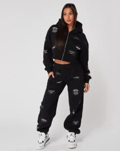 Womens Black Diamante Badge Zip Hood