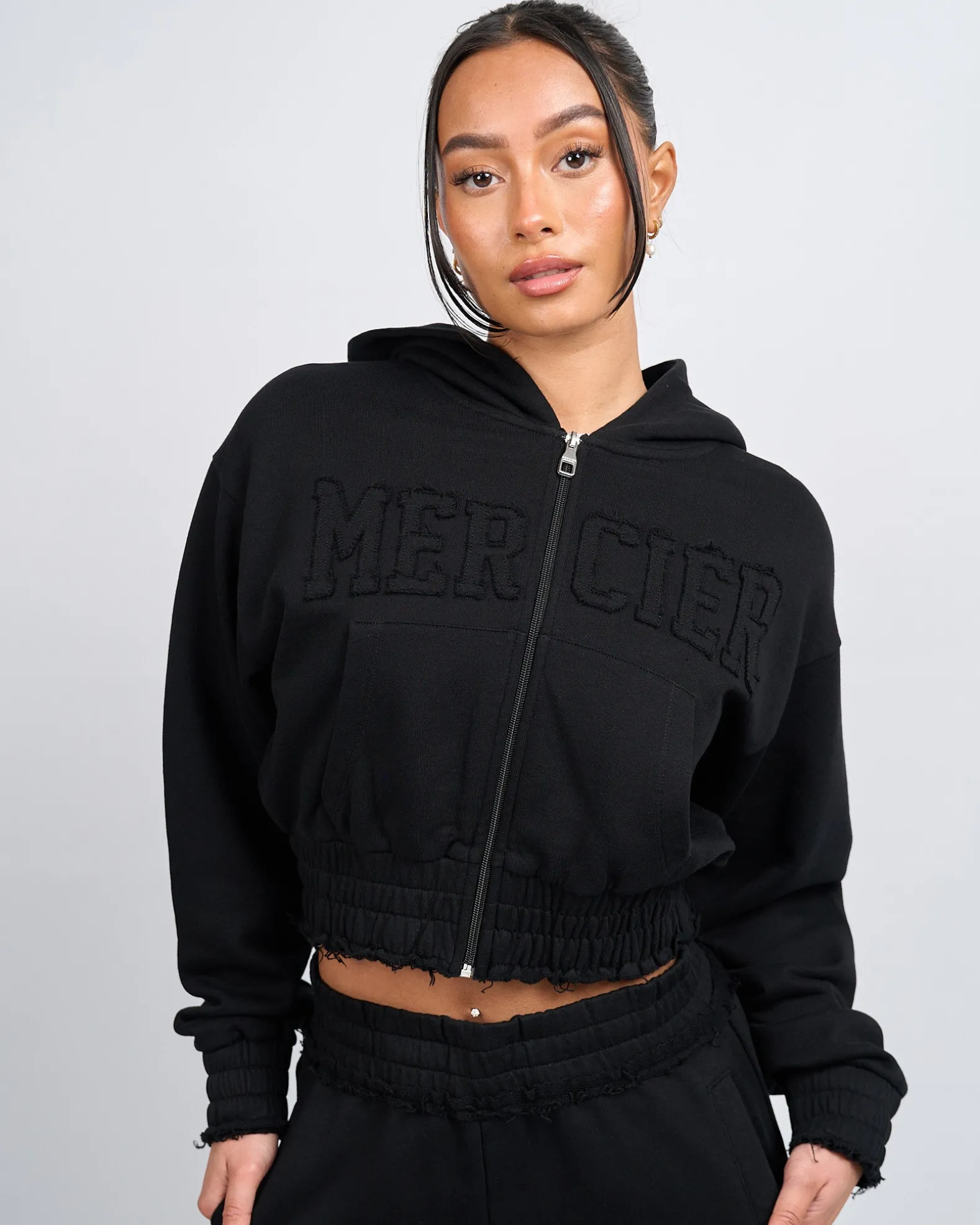 Womens Black Distressed Cropped Hoodie