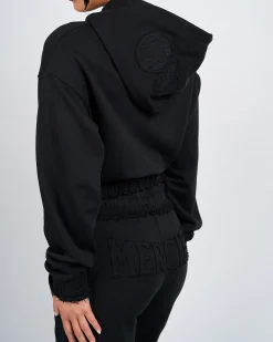 Womens Black Distressed Cropped Hoodie