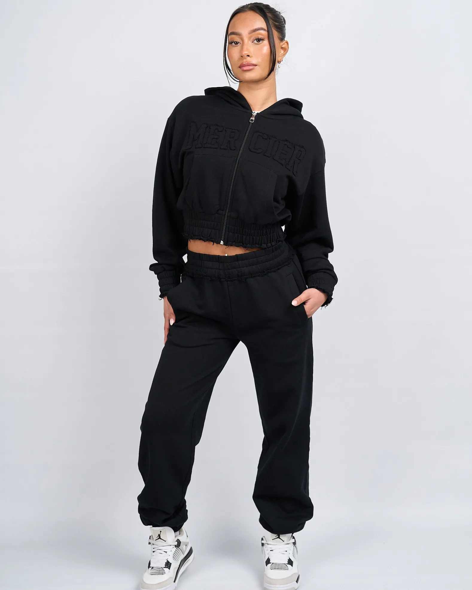 Womens Black Distressed Cropped Hoodie