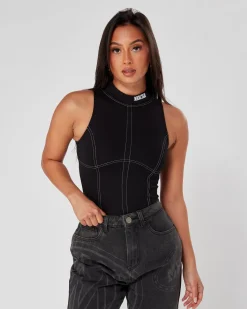 Womens Black Maison Stitch Bodysuit
