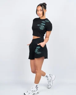 Womens Black Tiffany OG Badge Raw Edge Short
