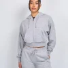 Womens Grey Marl OG Badge Raw Cropped Hoodie