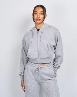 Womens Grey Marl OG Badge Raw Cropped Hoodie