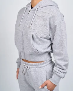 Womens Grey Marl OG Badge Raw Cropped Hoodie