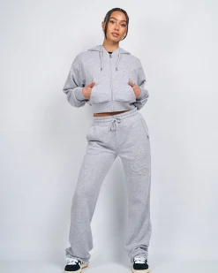 Womens Grey Marl OG Badge Raw Cropped Hoodie
