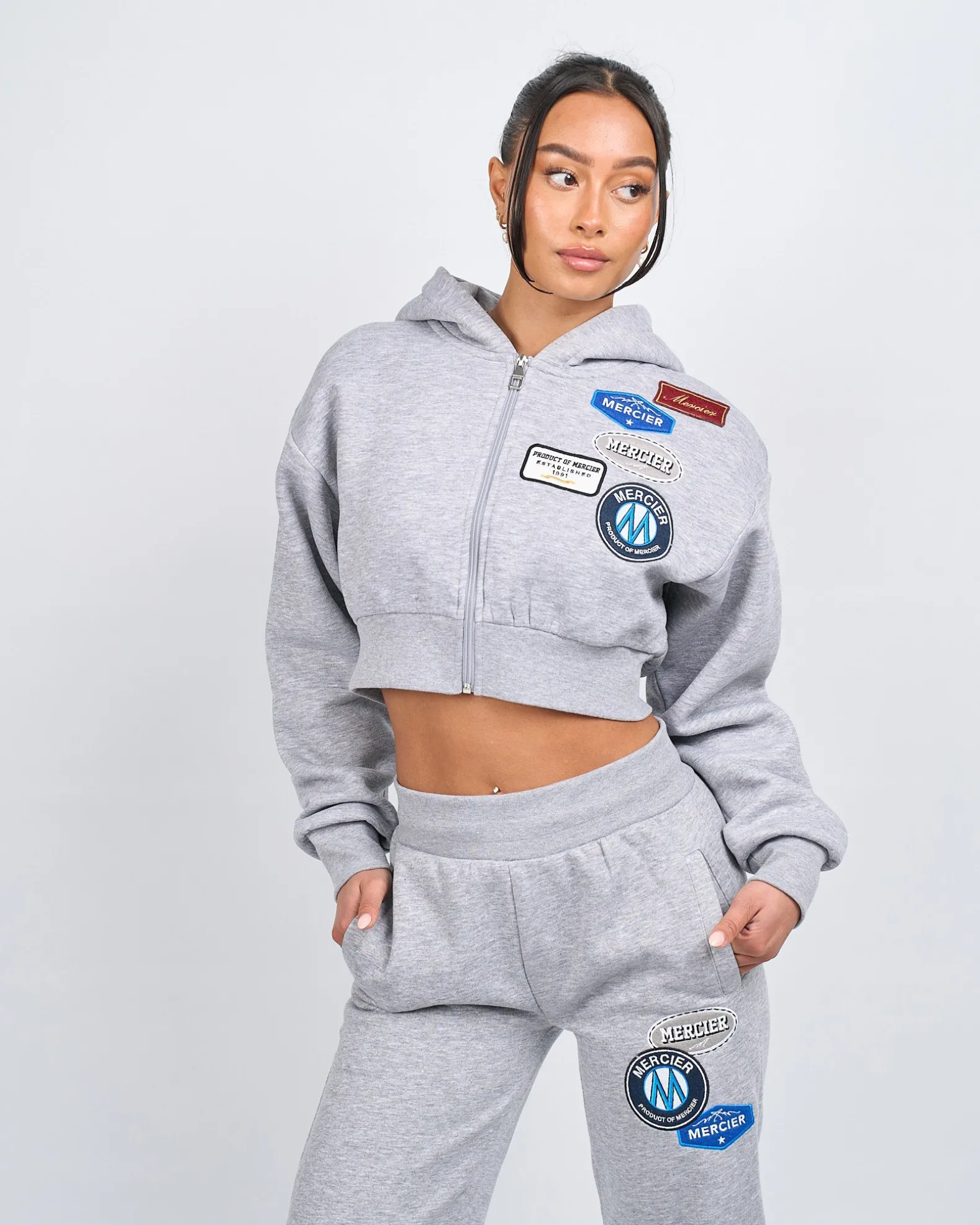 Women's Grey Marl OG Badge Crop Zip Hoodie