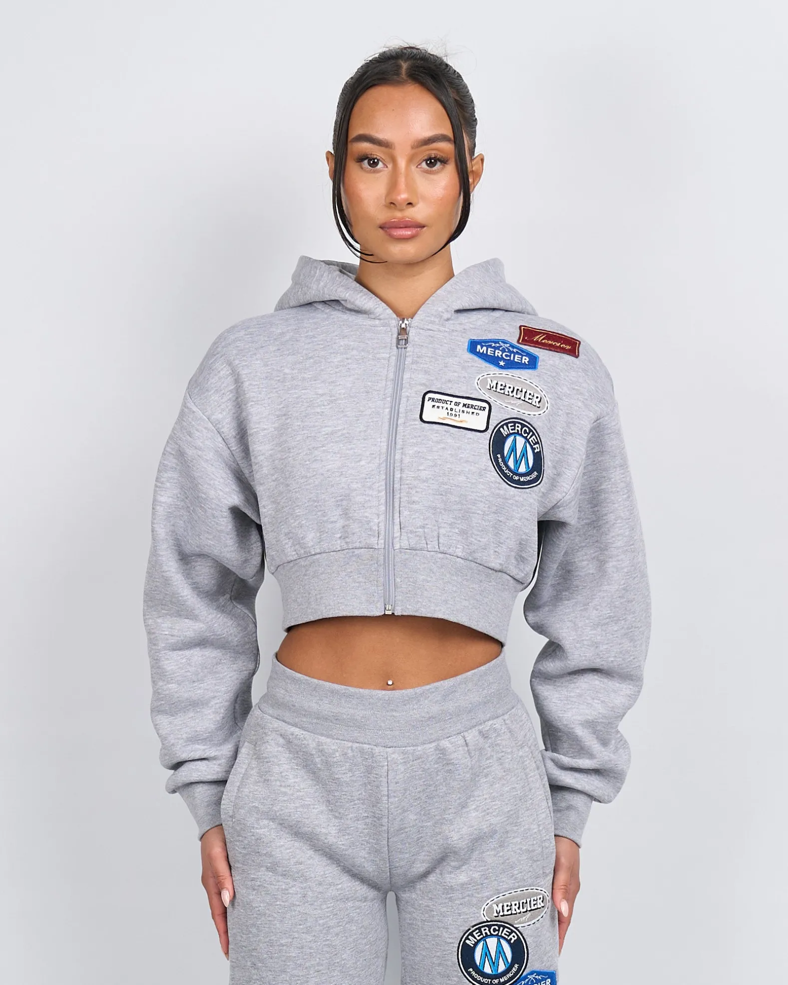 Women's Grey Marl OG Badge Crop Zip Hoodie