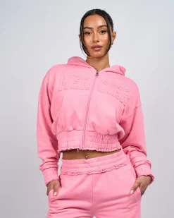 Womens Pink Distressed Cropped Hoodie