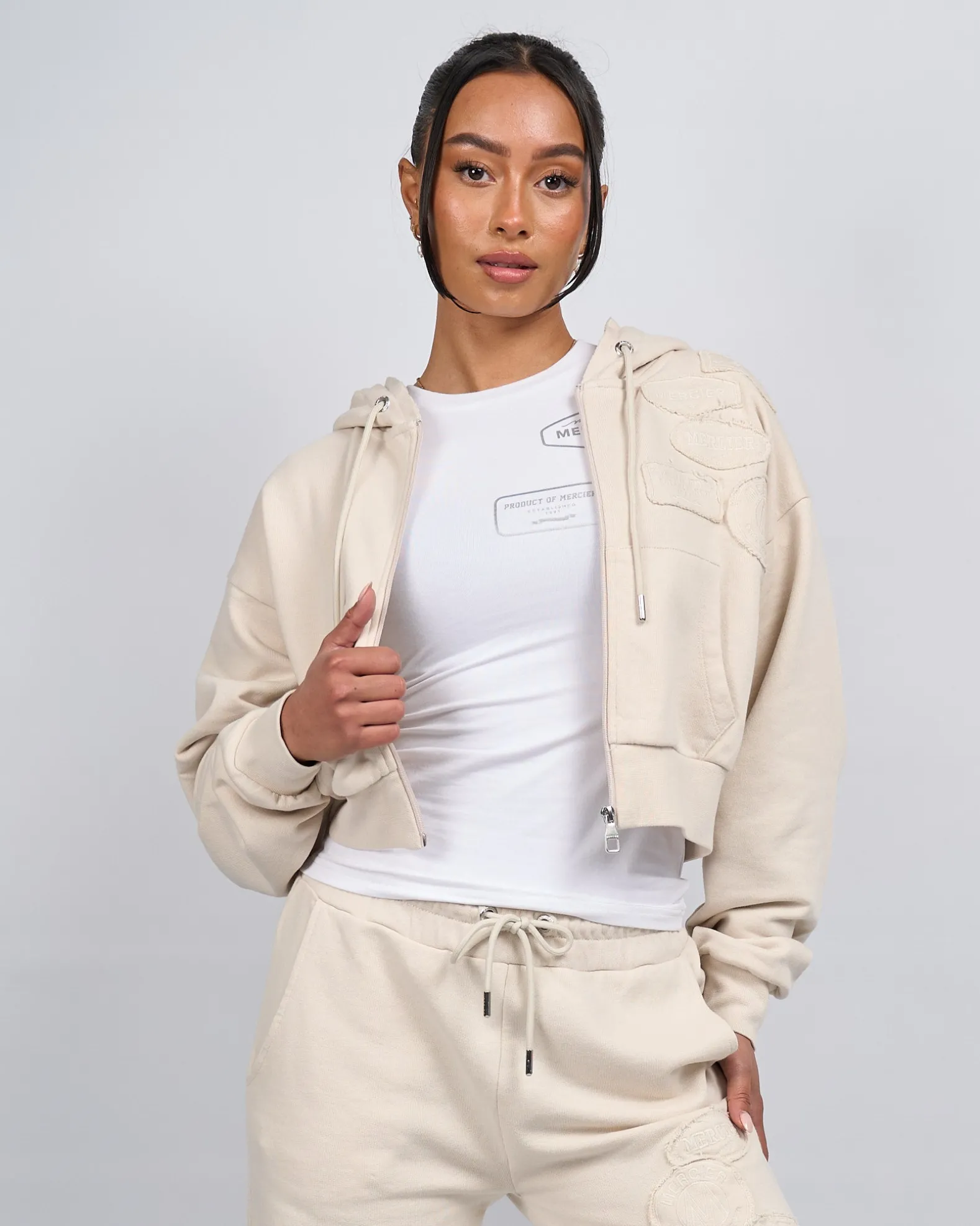 Womens Stone OG Badge Raw Cropped Hoodie