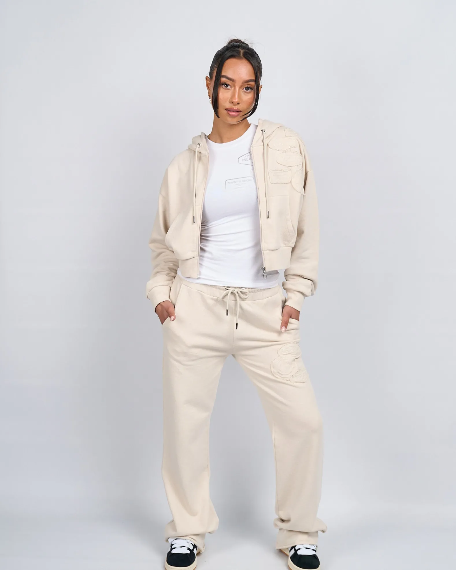 Womens Stone OG Badge Raw Cropped Hoodie
